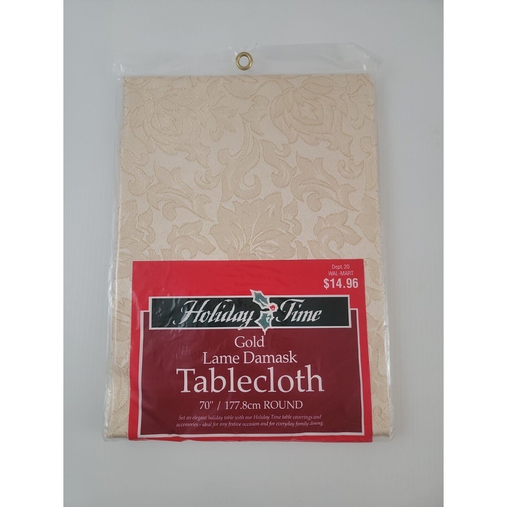 Vintage‎ Walmart Holiday Time Tablecloth Gold Lame Damask 70" Round New